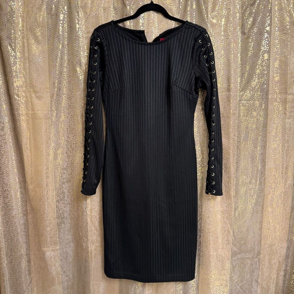 Jennifer Lopez Black Ribbed Bodycon Lace Up Long Sleeve Mini Dress 10 EUC